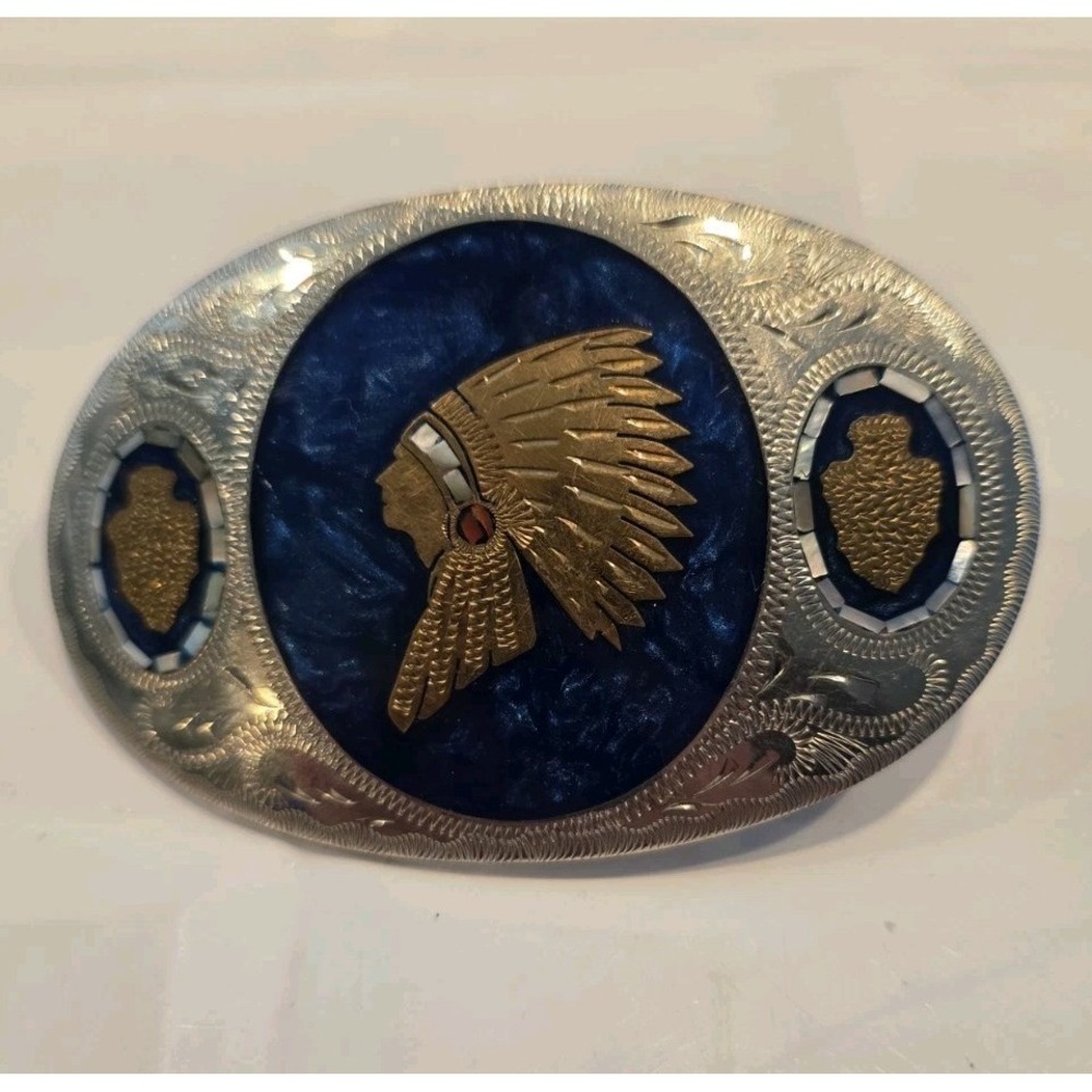 Indian Chief Belt Buckle Native American Mother of PearI Inlay Johnson & Held